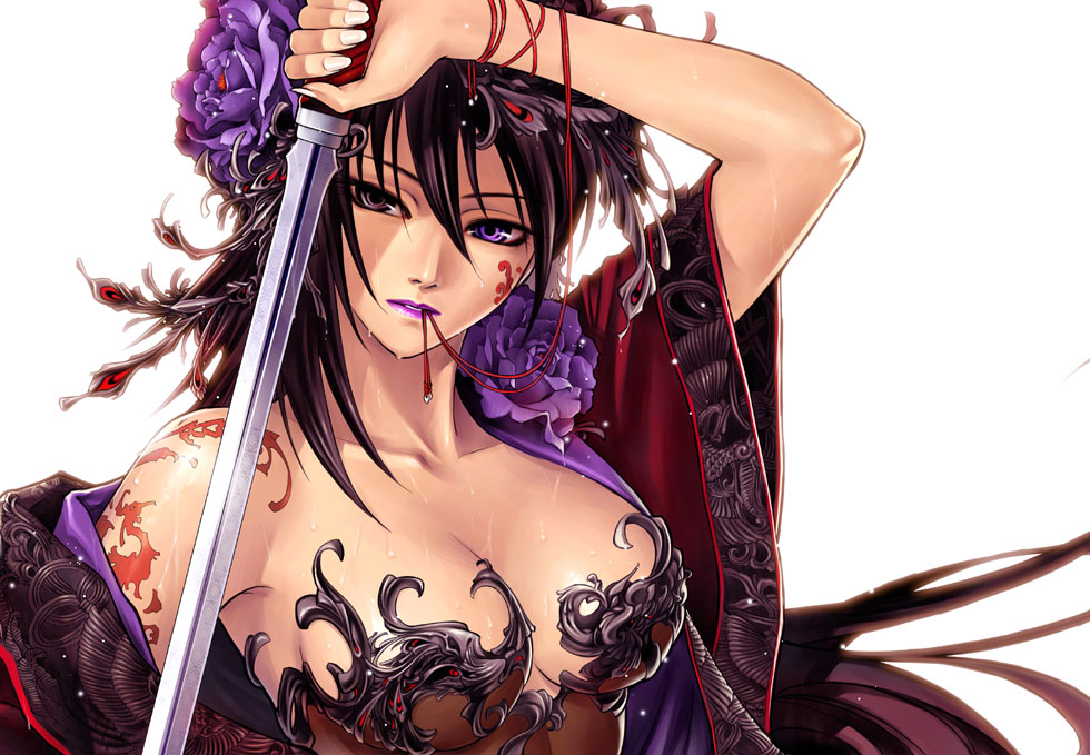 1girl arm_up bangs black_eyes black_hair breasts brown_hair bust cleavage collarbone embellished_costume facial_mark female fingernails flower hair_flower hair_ornament heterochromia holding holding_sword holding_weapon japanese_clothes kimono lipstick long_fingernails long_hair mouth_hold nail_polish off_shoulder original purple_eyes purple_flower purple_lips purple_lipstick ribbon sayo_tanku shiny shiny_skin sideboob simple_background solo sword tattoo very_long_hair weapon wet white_background wide_sleeves yuyn