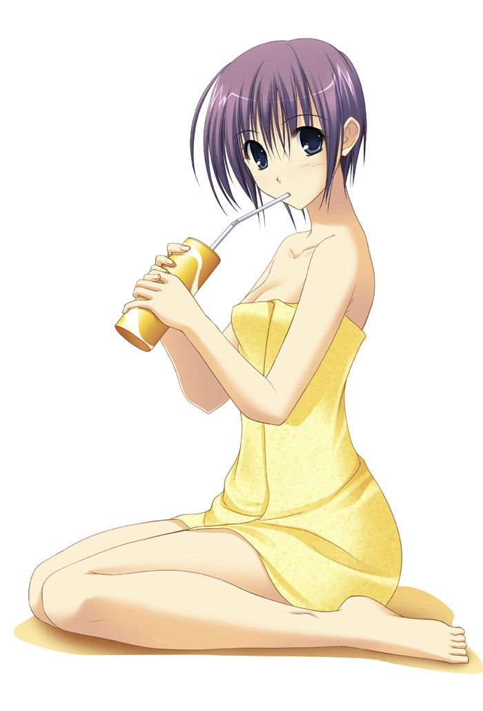 blue_eyes drink drinking kneeling naked_towel original purple_hair short_hair simple_background sipping sitting solo straw takepon towel wariza