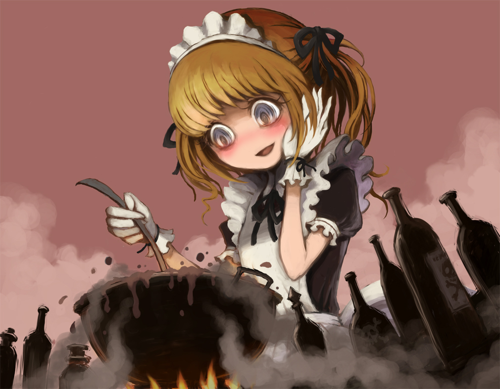 @_@ bad_food blonde_hair blush bottle bowl cooking gloves grey_eyes hair_ribbon hand_on_own_cheek hand_on_own_face maid maid_headdress open_mouth original ribbon short_twintails smile solo twintails ume_(illegal_bible)