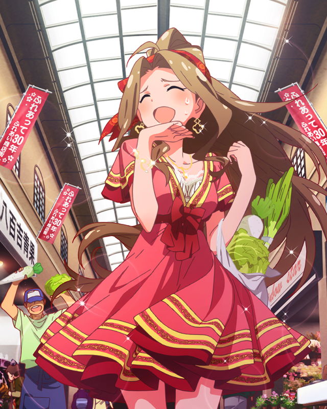 1boy 1girl ahoge artist_request basket blush brown_hair closed_eyes dress earrings hat idolmaster idolmaster_million_live! jewelry laughing long_hair necklace nikaido_chizuru official_art ponytail ribbon vegetable