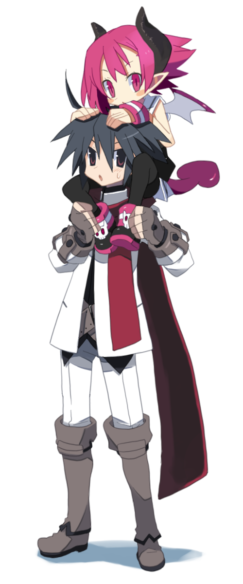 1boy 1girl almaz_von_almadine_adamant black_hair boots carrying disgaea disgaea_3 highres horns makai_senki_disgaea_3 pantyhose pink_eyes pink_hair pointy_ears raspberyl scarf shoulder_carry slit_pupils tail wings