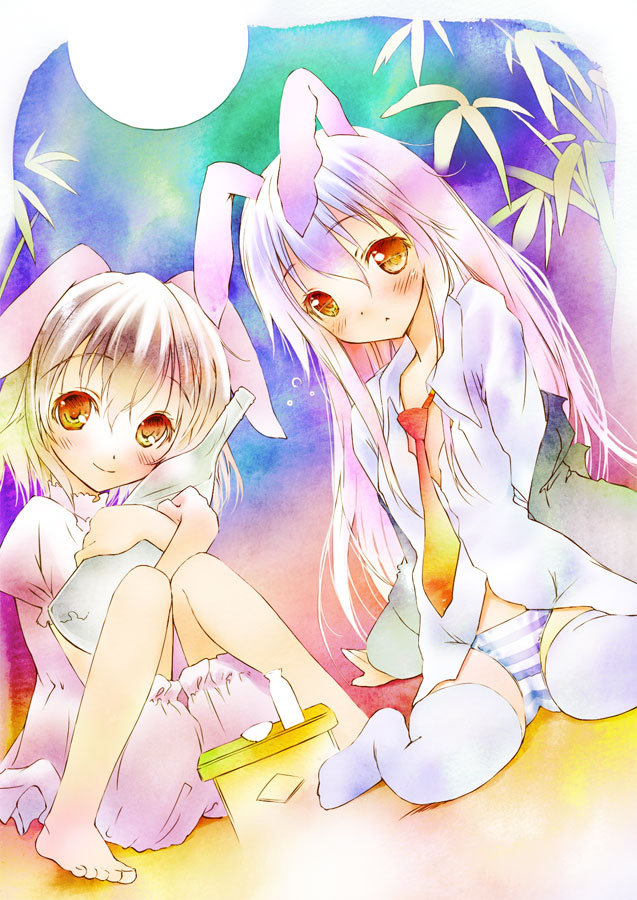 :&lt; animal_ears bamboo bamboo_forest barefoot bloomers blush bottle brown_hair bunny_ears drunk feet forest full_moon inaba_tewi long_hair mixed_media moon multiple_girls nature necktie object_hug open_clothes open_shirt panties purple_hair rabbit_ears red_eyes reisen_udongein_inaba saeki_touma shirt short_hair sitting skirt striped striped_panties thigh-highs thighhighs touhou traditional_media underwear wariza watercolor_(medium)