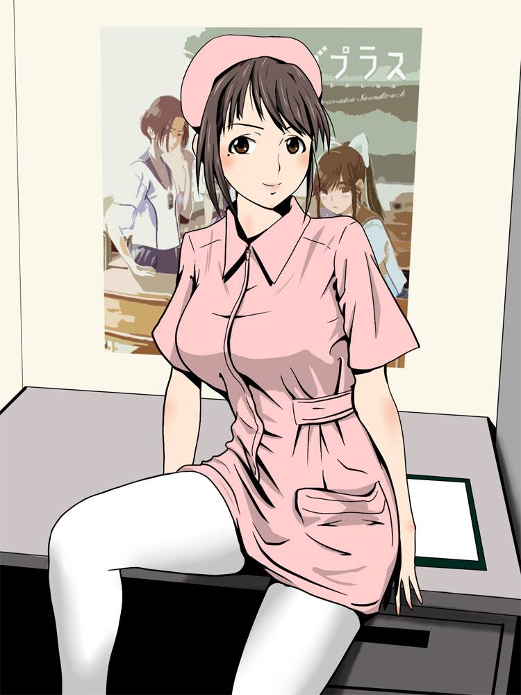 anegasaki_nene blush bob_cut breasts brown_eyes brown_hair desk kobayakawa_rinko large_breasts love_plus mole nurse pantyhose short_hair sitting takane_manaka white_legwear white_pantyhose