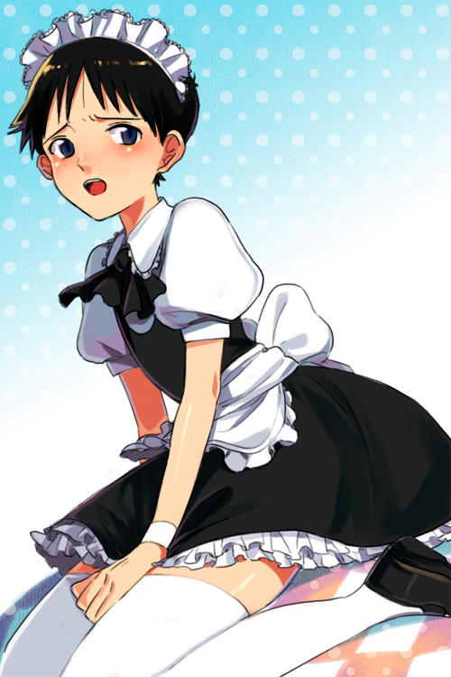 androgynous apron bad_id blush crossdressing crossdressinging hairband hosaka_dx ikari_shinji kichi_(pixiv391934) maid male neon_genesis_evangelion ribbon short_hair solo thigh-highs thighhighs trap zettai_ryouiki