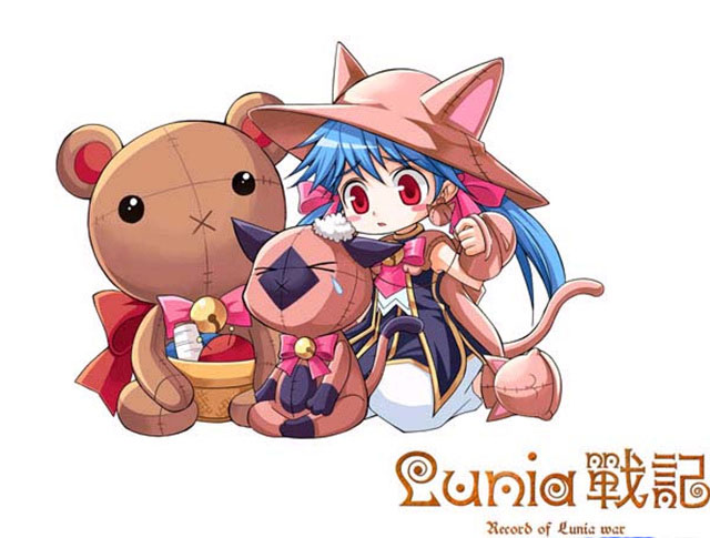1girl blue_hair copyright_name dacy hat jingle_bell lunia red_eyes sewing simple_background sitting stuffed_animal stuffed_toy tagme twintails wariza white_background