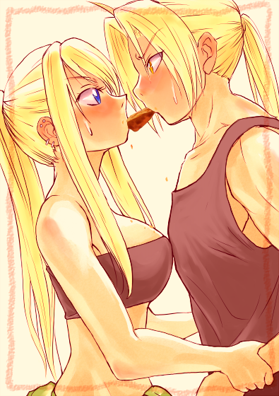 blue_eyes blush earrings edward_elric fullmetal_alchemist jewelry lithiumia long_hair midriff mouth_hold ponytail tank_top winry_rockbell yellow_eyes