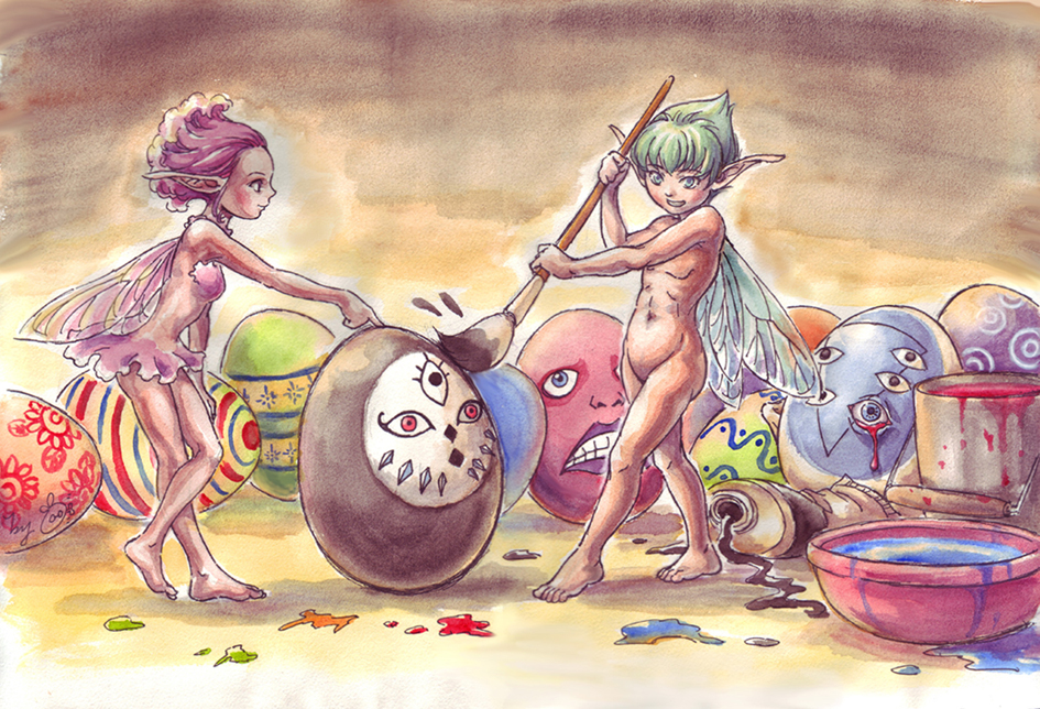 behelit berserk crossover easter egg evarella fairy feet lilith_(evangelion) neon_genesis_evangelion orange541 painting pointy_ears puck rakshas wings