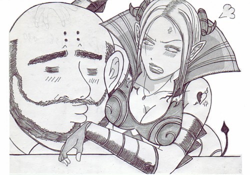 angry annoyed ass bald beard breasts capcom demon_girl elvis_(godhand) god_hand hand_kiss horns kiss lips lipstick pissed_off shannon_(god_hand) tattoo