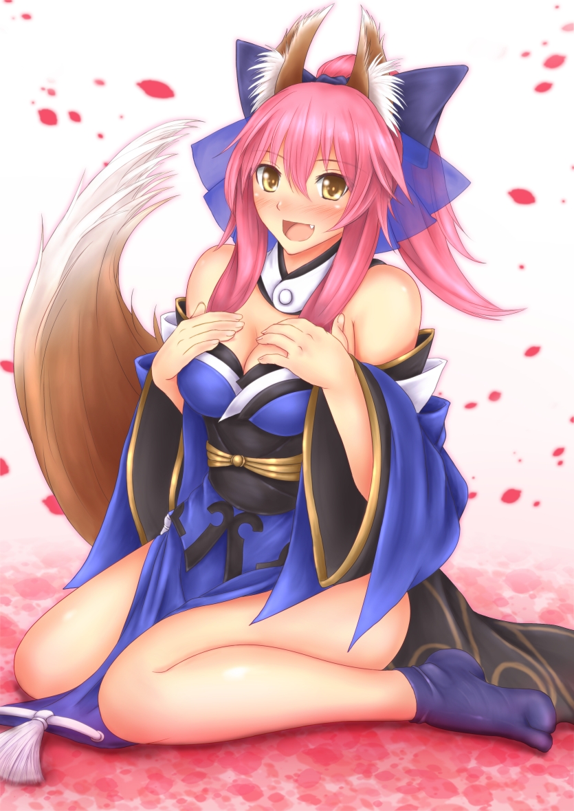 1girl animal_ears bare_shoulders blush breasts caster_(fate/extra) cleavage detached_sleeves fang fate/extra fate_(series) fox_ears fox_tail hair_ribbon hand_on_own_chest hozenkakari japanese_clothes large_breasts looking_at_viewer open_mouth pink_hair ponytail ribbon sitting solo tail wariza yellow_eyes