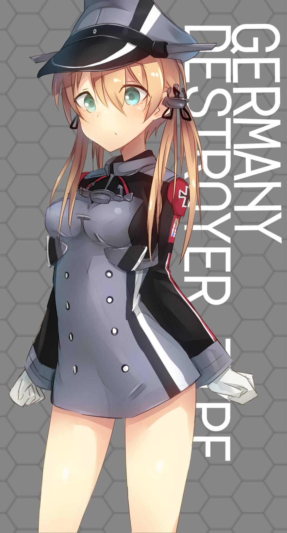 1girl anchor anchor_hair_ornament bare_legs blonde_hair cowboy_shot gloves green_eyes grey_background hat highres honeycomb_background iron_cross kantai_collection metindone military military_hat military_uniform no_pants peaked_cap prinz_eugen_(kantai_collection) solo twintails uniform white_gloves