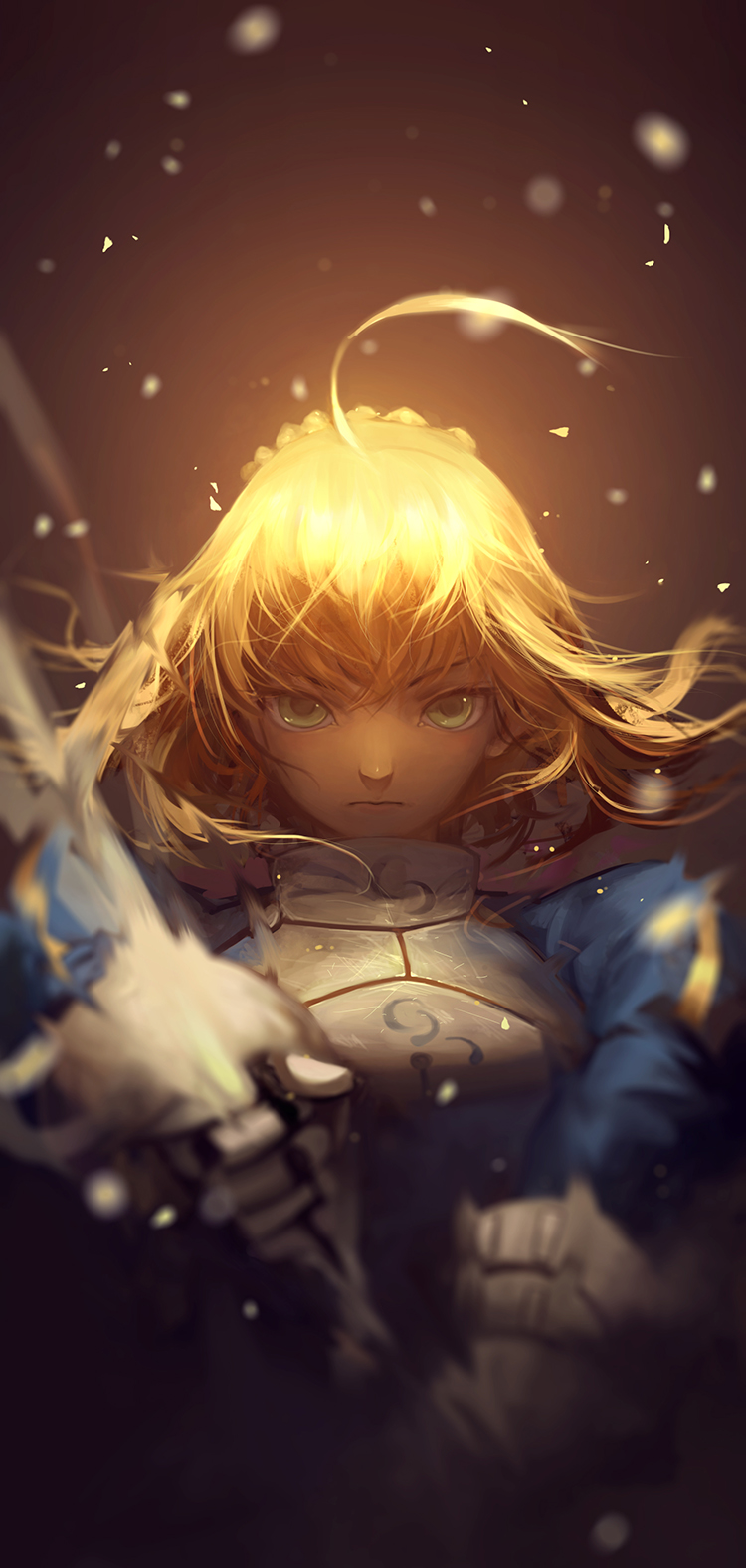 ahoge armor armored_dress blonde_hair fate/stay_night fate_(series) green_eyes highres kklaji008 looking_at_viewer saber sword weapon