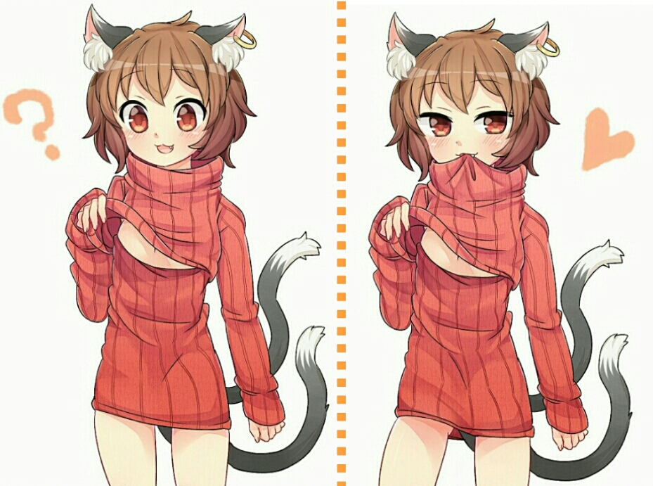 1girl :3 ? alternate_costume animal_ears blush brown_eyes brown_hair cat_ears cat_tail chen cleavage_cutout dotted_line fang heart ibarashiro_natou jewelry looking_at_viewer mouth_hold multiple_tails open-chest_sweater open_mouth red_eyes ribbed_sweater short_hair simple_background single_earring smile solo sweater tail touhou turtleneck white_background