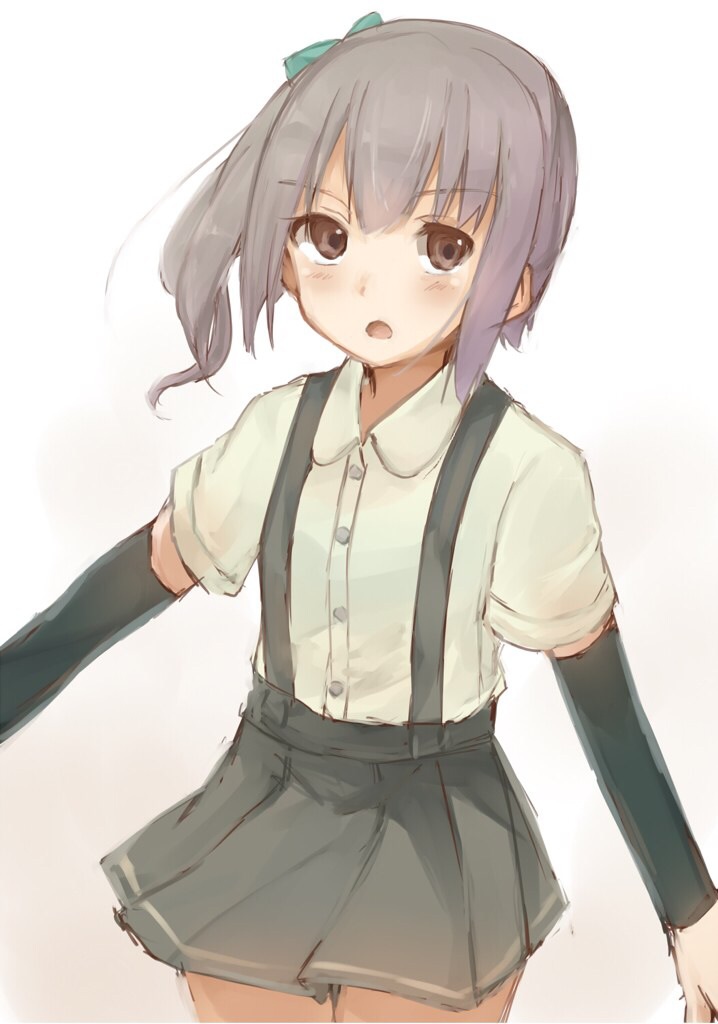 1girl blush bow brown_eyes dress_shirt gradient gradient_background grey_hair grey_skirt hair_bow kantai_collection kasumi_(kantai_collection) long_hair looking_away open_mouth otoharu pleated_skirt shirt short_sleeves side_ponytail skirt solo suspenders