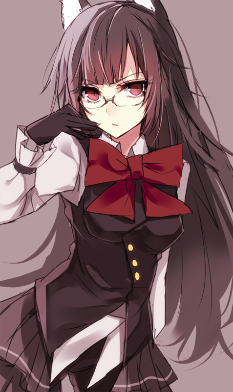 1girl animal_ears aosaki_yukina black_gloves black_hair bow breasts commentary_request cowboy_shot glasses gloves grey_background long_hair looking_at_viewer original red_eyes sketch solo