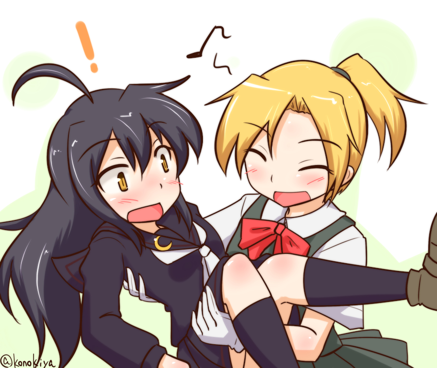 ! 2girls ahoge black_hair blonde_hair blush carrying closed_eyes crescent kantai_collection konokiya long_hair maikaze_(kantai_collection) mikazuki_(kantai_collection) multiple_girls open_mouth ponytail princess_carry school_uniform twitter_username white_background yellow_eyes