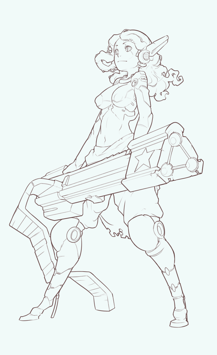 1girl android breasts cyborg full_body gun highres huge_weapon lineart long_hair mechanical_legs navel norasuko original pants robot_ears solo standing star star-shaped_pupils symbol-shaped_pupils topless weapon