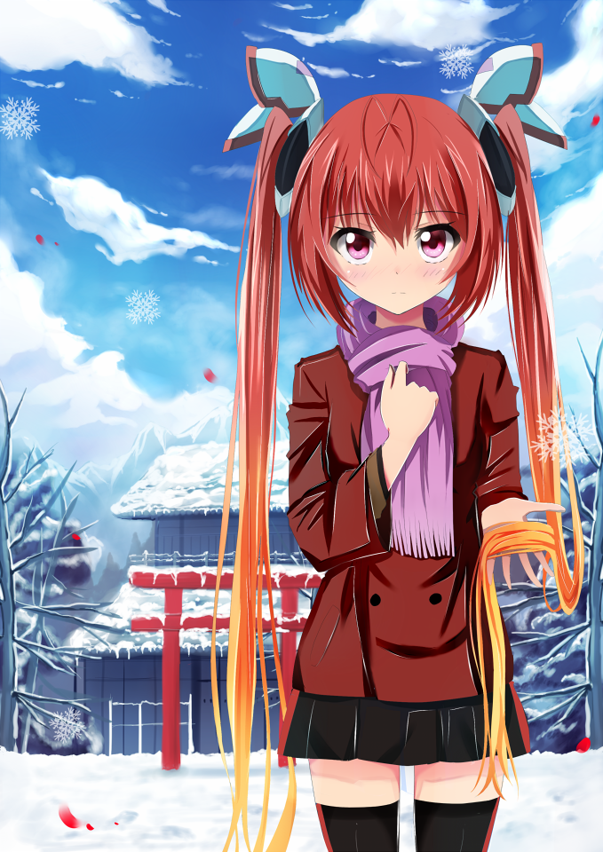1girl antenna_hair building casual ginhaha gradient_hair long_hair looking_at_viewer multicolored_hair ore_twintail_ni_narimasu pleated_skirt redhead scarf skirt snow solo tail_red thigh-highs torii twintails very_long_hair violet_eyes zettai_ryouiki