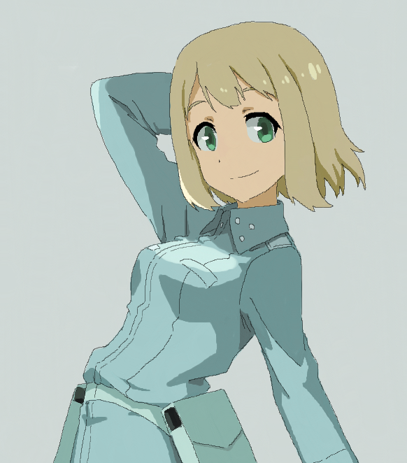1girl arm_behind_head blonde_hair elma_leivonen green_eyes long_sleeves looking_at_viewer military military_uniform shiratama_(hockey) short_hair silver_background simple_background smile solo strike_witches uniform