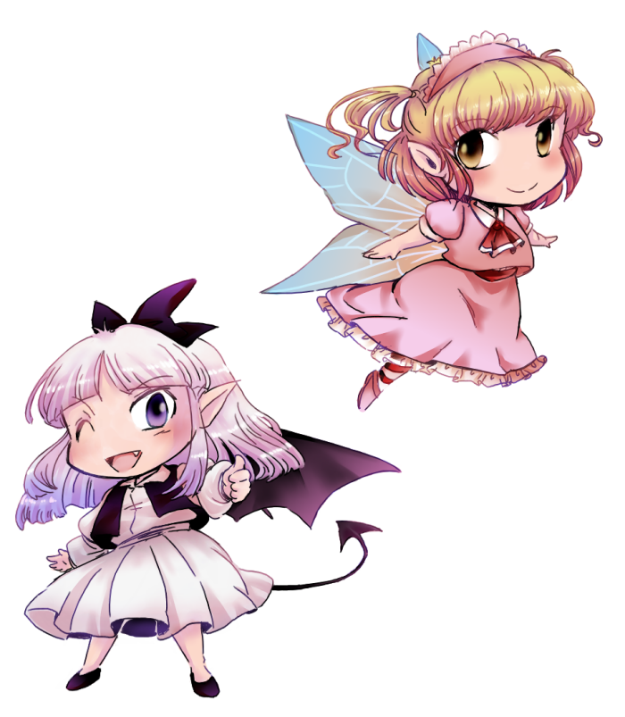 blonde_hair bow demon_girl demon_tail demon_wings extra fairy_wings fang hair_bow mad-tuna one_eye_closed pink_hair pointy_ears side_ponytail tail thumbs_up touhou touhou_(pc-98) violet_eyes wings yellow_eyes