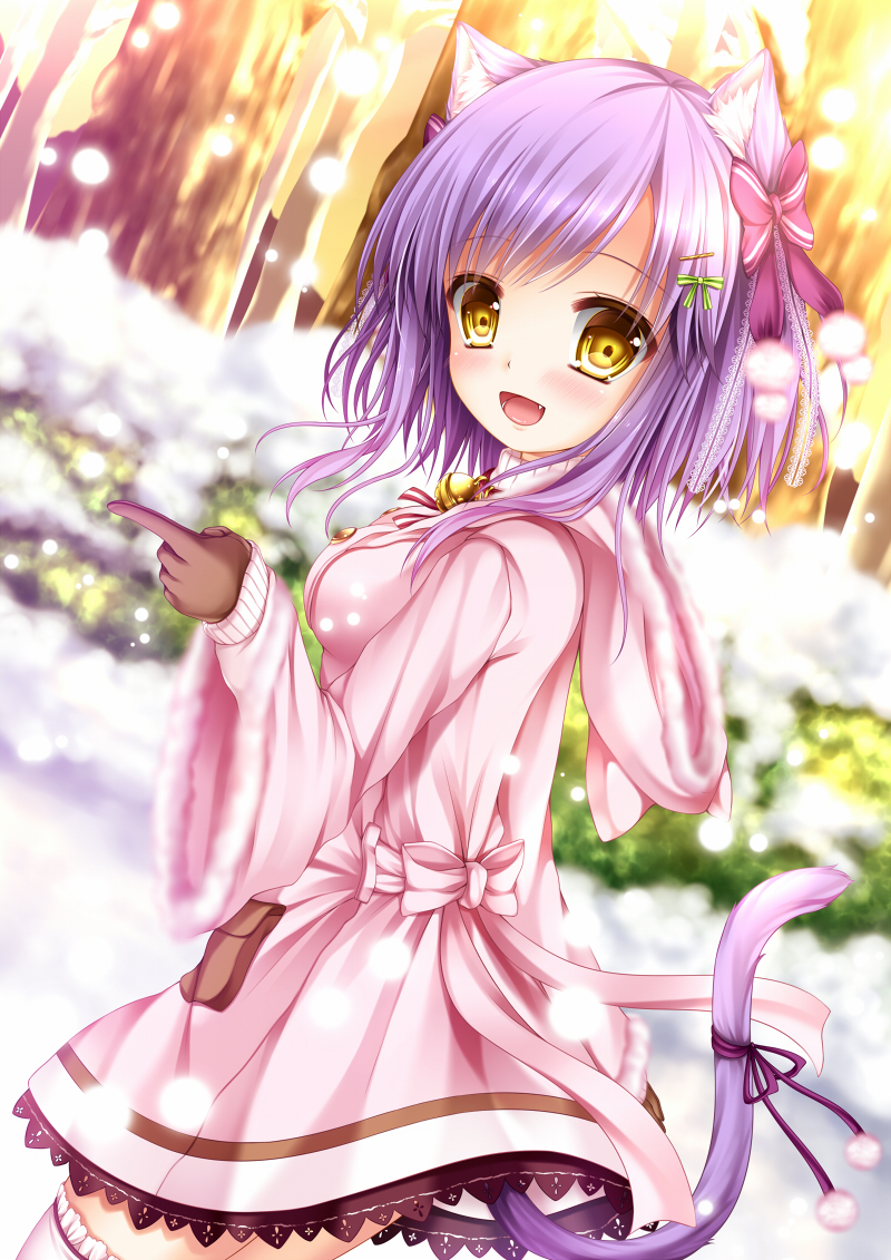 1girl :d animal_ears brown_gloves cat_ears cat_tail coat dutch_angle gloves looking_at_viewer open_mouth original pointing purple_hair shitou short_hair smile solo tail winter_clothes winter_coat yellow_eyes