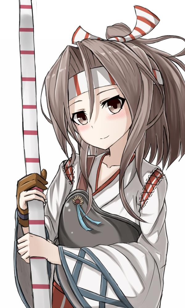 1girl blush bow_(weapon) brown_eyes brown_hair bust hachimaki head_tilt headband high_ponytail japanese_clothes kantai_collection looking_at_viewer muneate rabochicken simple_background solo weapon white_background yugake zuihou_(kantai_collection)