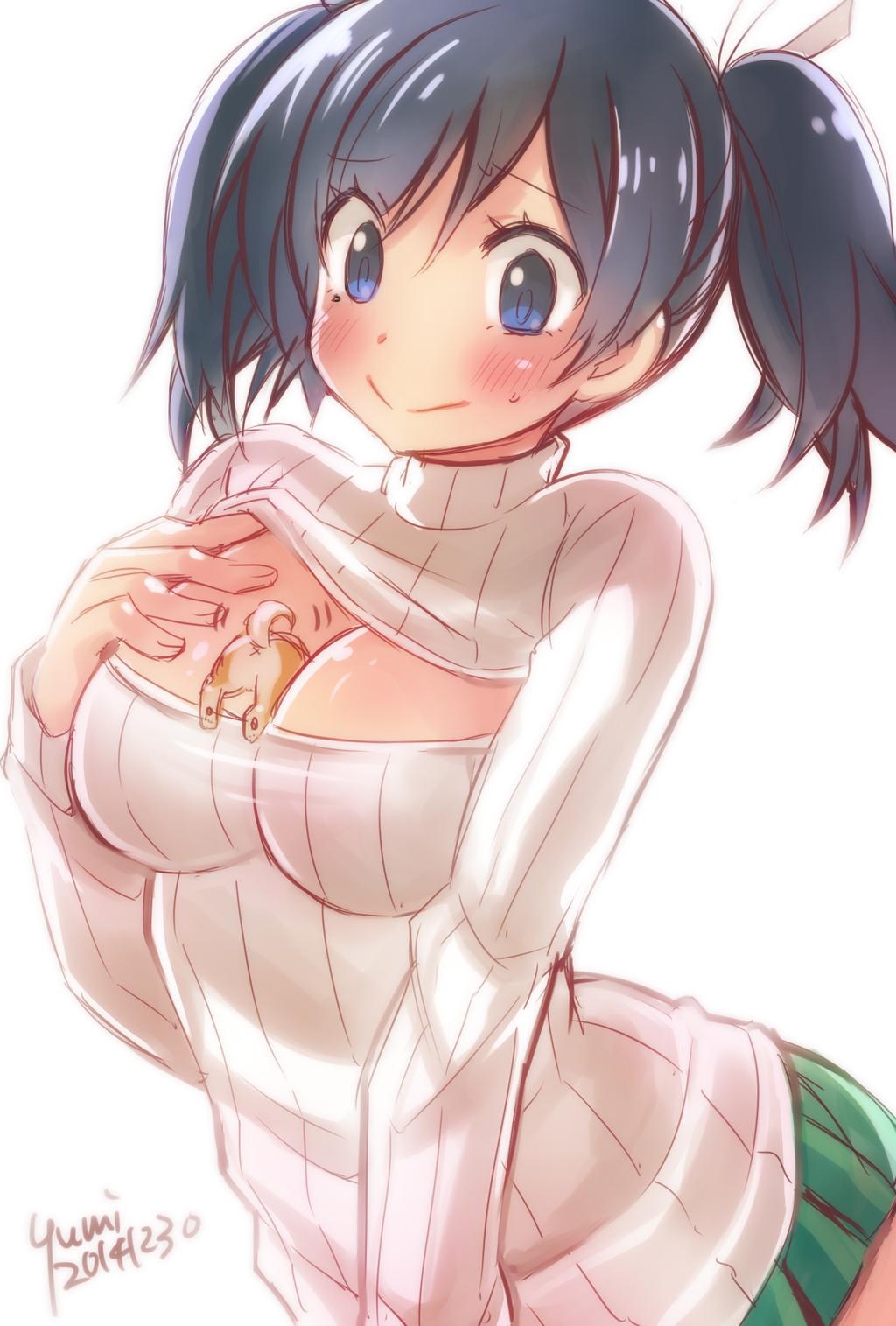 1girl artist_name between_breasts black_hair blue_eyes breasts bust cleavage dated hair_ribbon highres kantai_collection open-chest_sweater ribbed_sweater ribbon short_hair simple_background solo souryuu_(kantai_collection) sweater turtleneck twintails white_background yumi_yumi