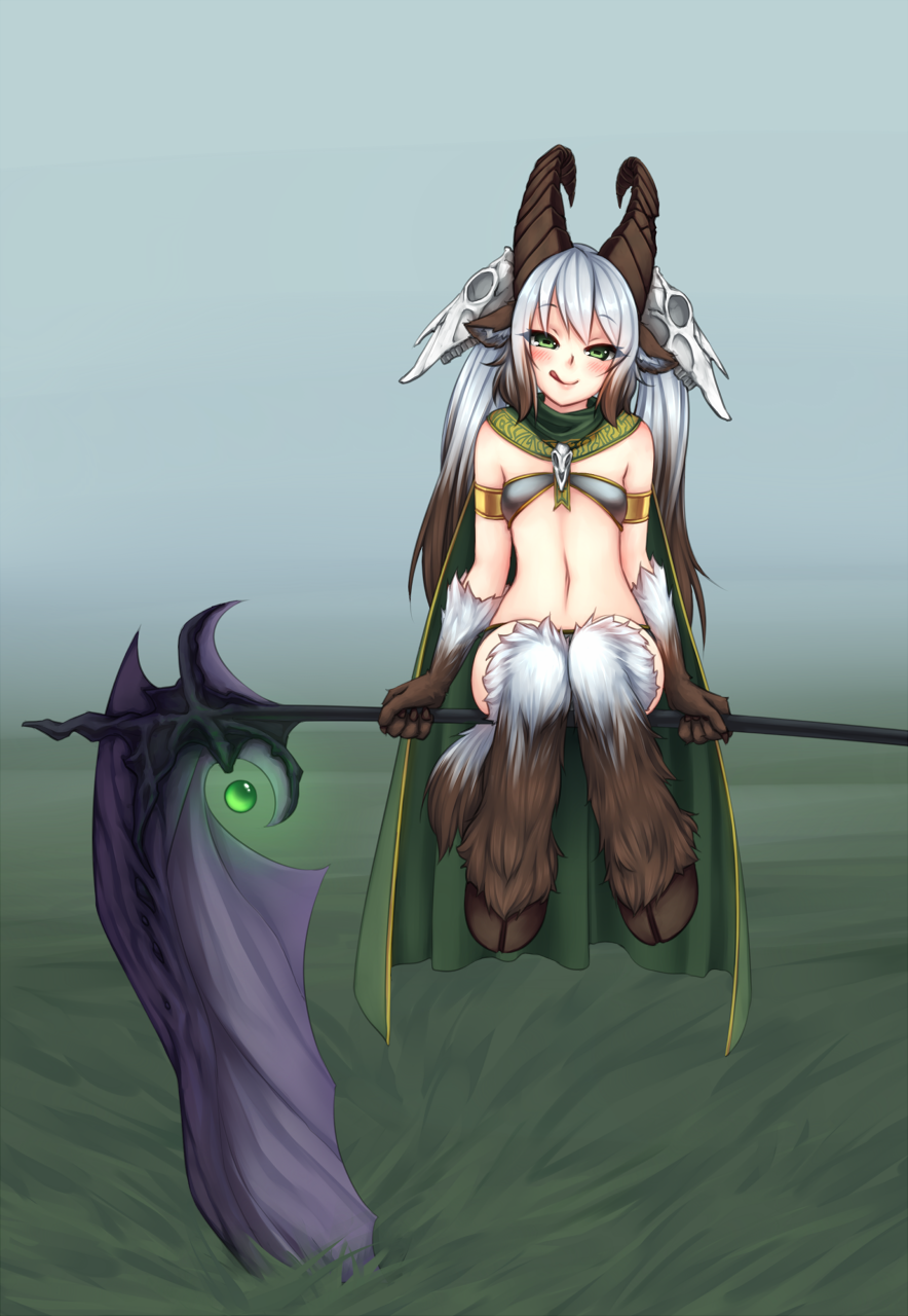 1girl :q animal_ears baphomet_(monster_girl_encyclopedia) blush bracelet brown_hair cape flat_chest fur gradient_hair grass green_eyes head_tilt highres hooves horns jewelry long_hair looking_at_viewer monorus monster_girl monster_girl_encyclopedia multicolored_hair navel planted_weapon scythe sitting skull solo symbol-shaped_pupils tail tongue tongue_out twintails weapon white_hair
