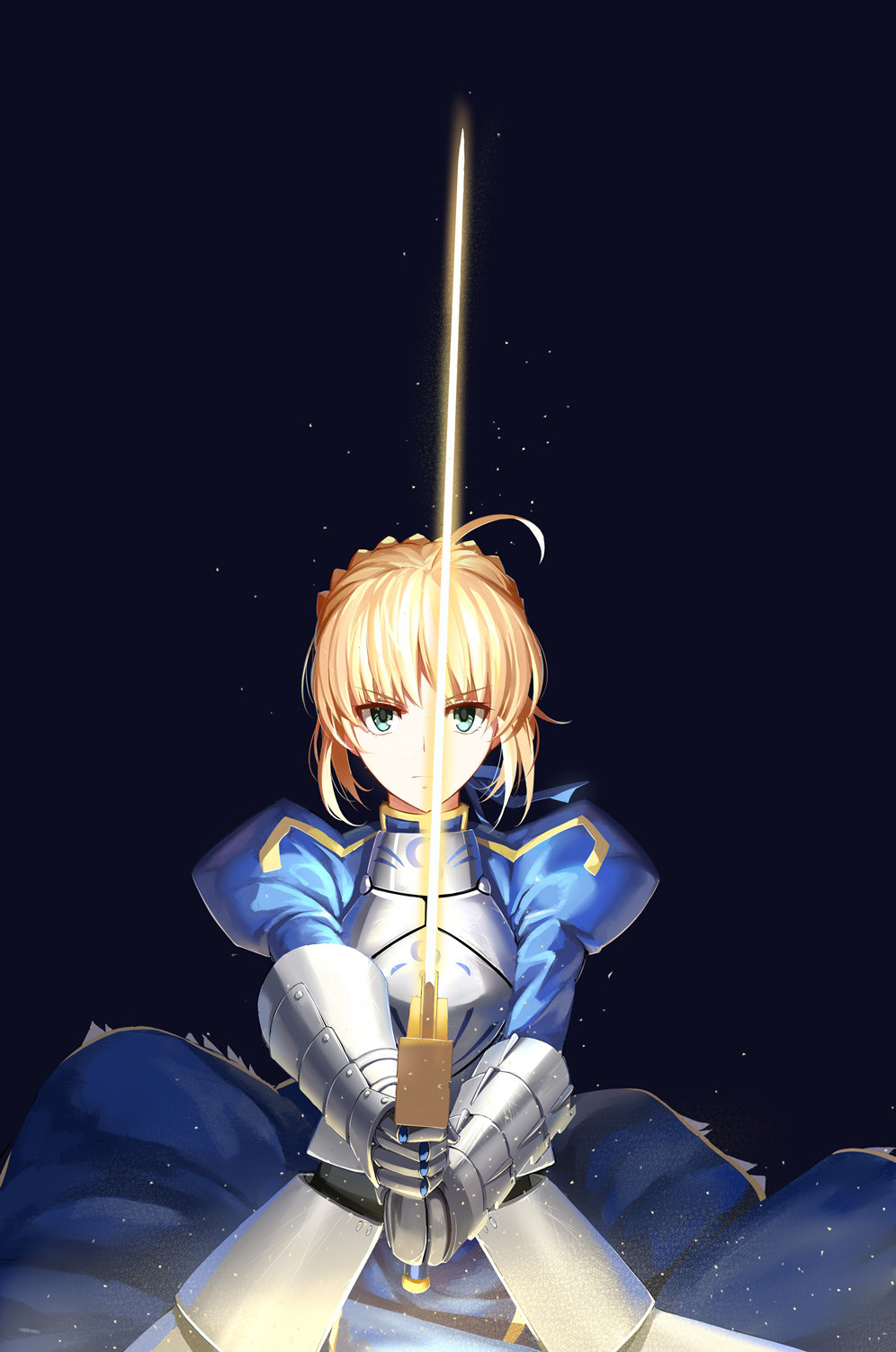 1girl ahoge armor armored_dress blonde_hair excalibur fate/stay_night fate_(series) faulds gauntlets glowing glowing_sword glowing_weapon green_eyes hair_ribbon highres juliet_sleeves light_particles long_sleeves mr_cloud puffy_sleeves ribbon saber simple_background solo weapon
