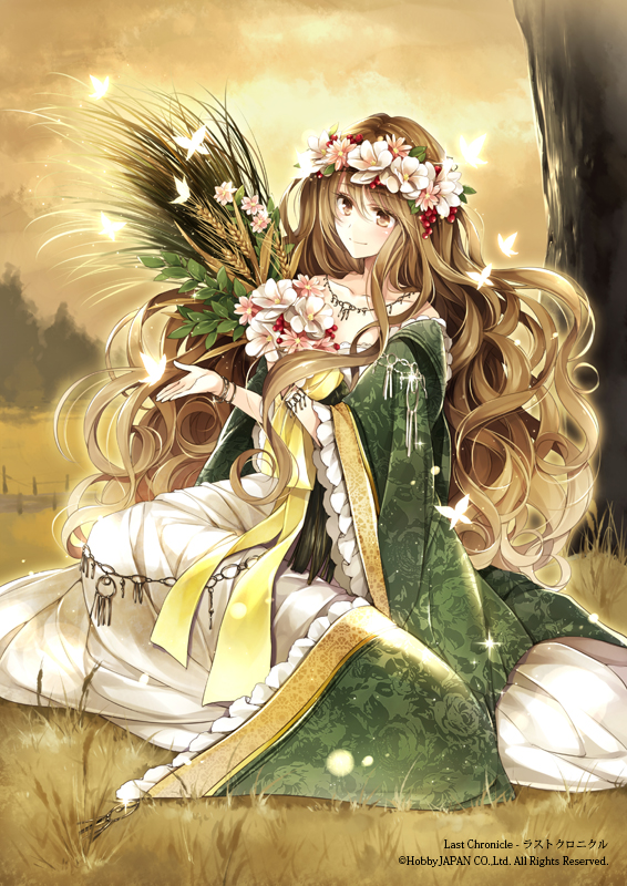 1girl bouquet brown_eyes brown_hair collarbone flower flower_on_head grass hagiwara_rin jewelry last_chronicle long_hair looking_at_viewer necklace official_art original sitting smile solo tree very_long_hair wide_sleeves