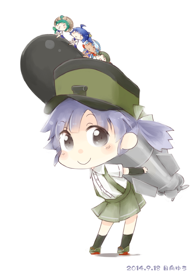 1girl arm_warmers blush carrying chibi dated dress_shirt fairy_(kantai_collection) grey_eyes hair_ribbon hat hinata_yuu kantai_collection ooshio_(kantai_collection) pleated_skirt purple_hair ribbon shirt short_hair short_twintails simple_background skirt smile solo suspenders torpedo twintails white_background