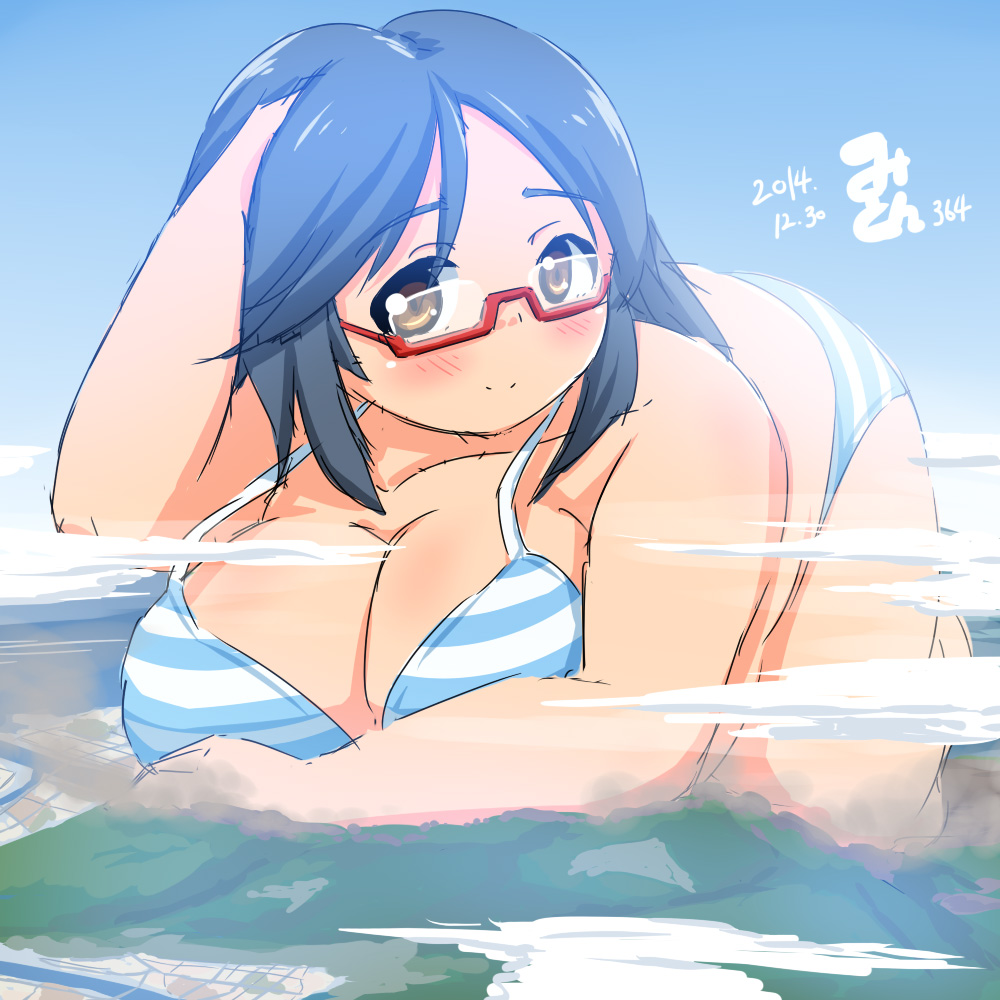 1girl bikini blush breasts dated giantess glasses mikomu mountain orange_eyes original plump red_glasses short_hair smile solo striped striped_bikini striped_swimsuit swimsuit