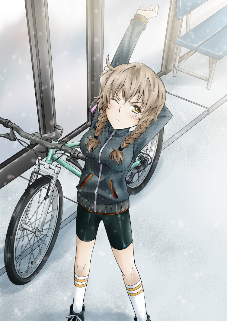 1girl ;&lt; amane_suzuha arm_up bicycle bike_shorts braid brown_eyes brown_hair dutch_angle from_above long_hair looking_at_viewer looking_up one_eye_closed solo steins;gate stretch track_jacket twin_braids yukiharu