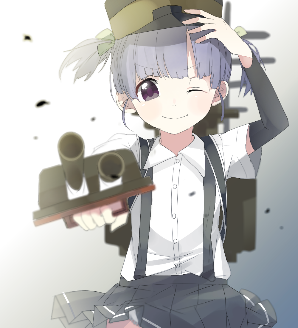 &gt;;) 1girl ;) arm_warmers blurry blush depth_of_field dress_shirt grey_skirt hair_ribbon hand_on_head hat kantai_collection looking_at_viewer machinery one_eye_closed ooshio_(kantai_collection) pleated_skirt purple_hair ribbon shirt short_hair short_sleeves short_twintails skirt smile solo suspenders torute_(winter) turret twintails violet_eyes