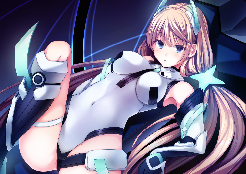 1girl angela_balzac bare_shoulders blonde_hair blue_eyes blush bodysuit breasts covered_navel elbow_gloves expelled_from_paradise gloves headgear kamanatsu leg_up leotard long_hair looking_at_viewer low_twintails lying on_back solo thigh_strap twintails very_long_hair