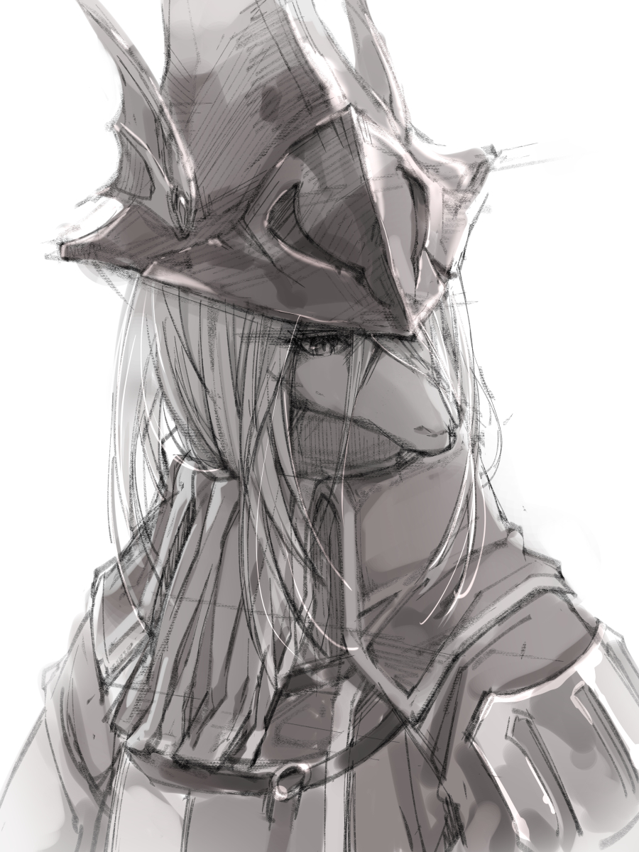 1girl burmecian cravat dragoon final_fantasy final_fantasy_ix freija_crescent furry greyscale hair_over_one_eye helmet highres jacket long_hair michairu monochrome simple_background solo white_background winged_helmet