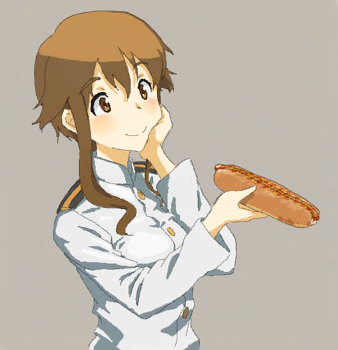 1girl blush brown_eyes brown_hair grey_background hand_on_own_cheek hand_on_own_face holding hot_dog long_hair long_sleeves military military_uniform payot shiratama_(hockey) simple_background smile solo strike_witches takei_junko uniform