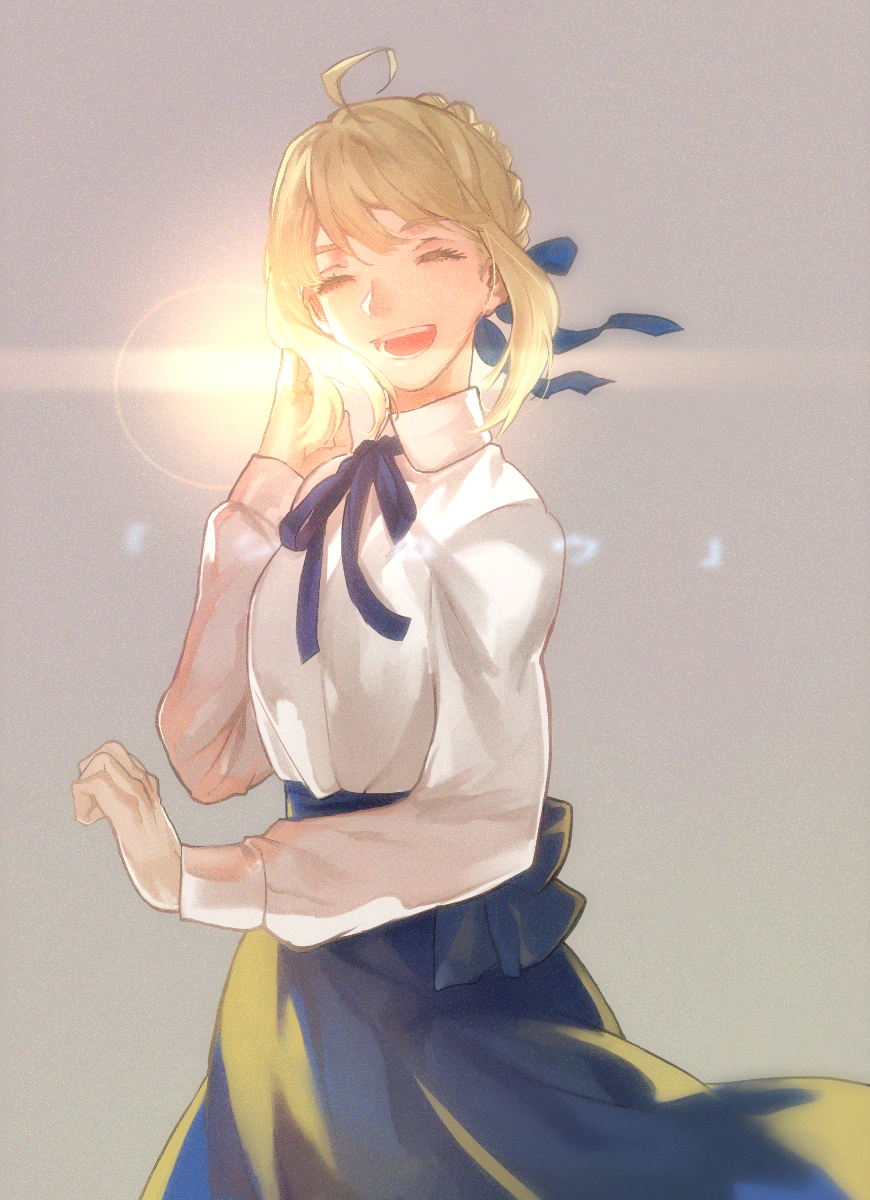 1girl ahoge blonde_hair casual fate/stay_night fate_(series) highres laughing matoba_(ga6life) saber solo