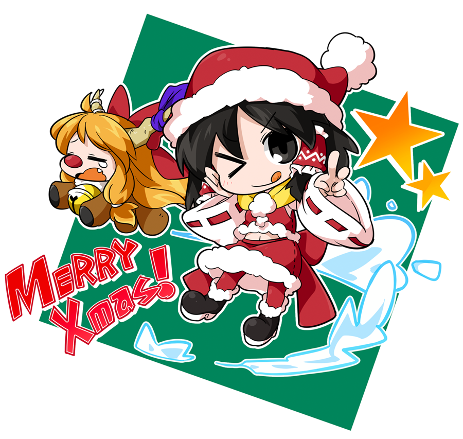 2girls animal_costume black_eyes black_hair brown_eyes byourou hakurei_reimu hat horn_ribbon horns ibuki_suika merry_christmas multiple_girls navel one_eye_closed reindeer_costume ribbon santa_costume santa_hat tears tongue tongue_out touhou v