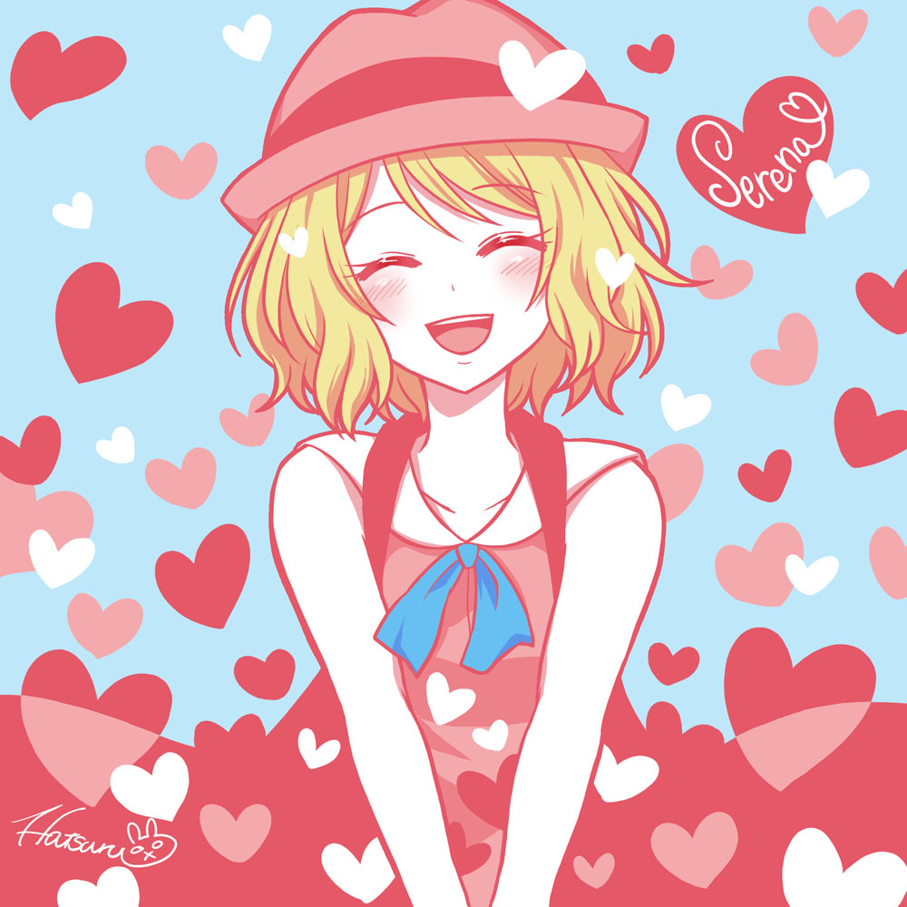 1girl :d bangs blonde_hair blue_background blue_ribbon blush character_name closed_eyes eyebrows_visible_through_hair facing_viewer hair_between_eyes hatsuru_826 heart heart_background neck_ribbon open_mouth pokemon pokemon_(anime) pokemon_xy_(anime) ribbon sailor_collar serena_(pokemon) short_hair smile solo swept_bangs white_sailor_collar