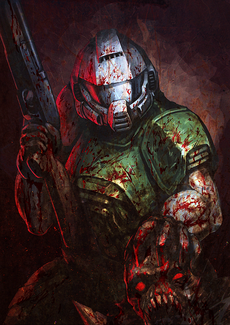 1boy blood doom_(game) doomguy gun helmet hetza_(hellshock) soldier weapon