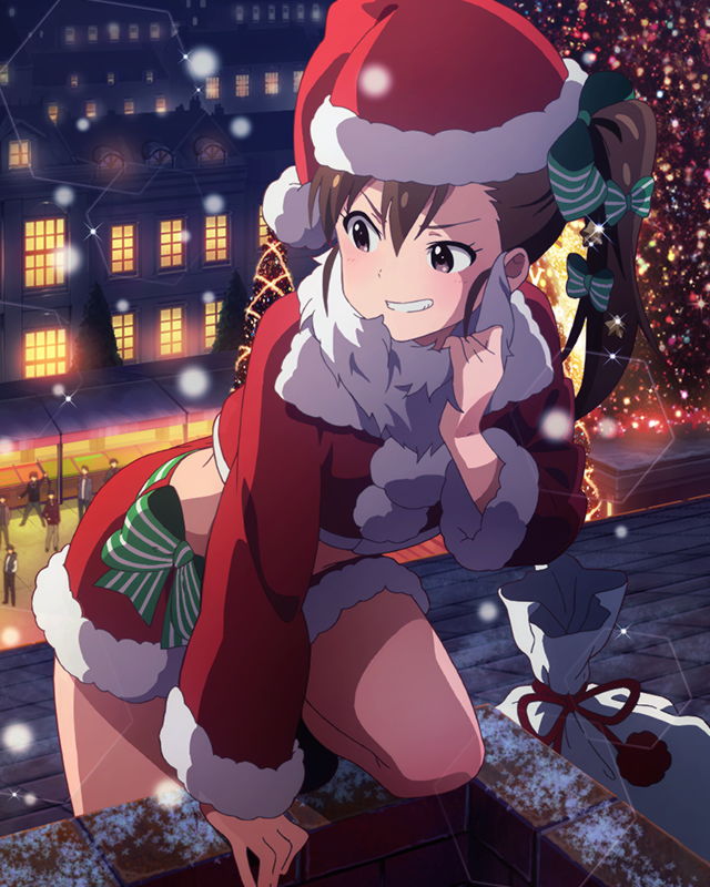 1girl bag bow brown_eyes building futami_mami hair_bow hair_ornament hat idolmaster idolmaster_million_live! lights official_art road rooftop santa_costume santa_hat sidewalk smile solo_focus standing star street text tree