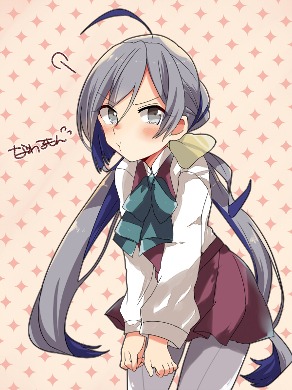 1girl ahoge blue_hair blush bowtie grey_eyes grey_hair kantai_collection kiyoshimo_(kantai_collection) long_hair low_twintails multicolored_hair oomori_(kswmr) pout twintails two-tone_hair very_long_hair