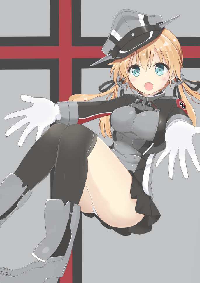 1girl :o anchor_hair_ornament black_legwear black_skirt blonde_hair blue_eyes blush boots gloves hat iron_cross kantai_collection knees_together_feet_apart looking_at_viewer lotus_flower microskirt military military_hat military_uniform open_mouth outstretched_arms panties pantyshot peaked_cap pleated_skirt prinz_eugen_(kantai_collection) skirt solo thigh-highs twintails underwear uniform white_gloves white_panties