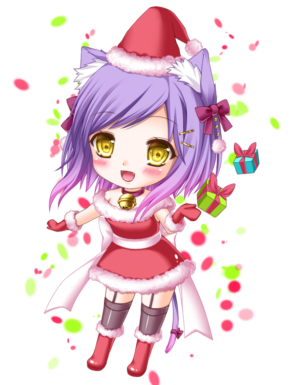 1girl :d animal_ears bare_shoulders bell box cat_ears cat_tail chibi choker christmas gift gift_box hair_ornament hairclip hat looking_at_viewer open_mouth original purple_hair santa_costume santa_hat shitou smile solo tail yellow_eyes