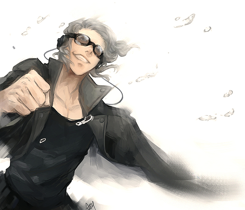 1boy ash_(artist) goggles grey_hair grin jacket male marvel quicksilver silver_hair smile solo water_droplets x-men x-men:_days_of_future_past