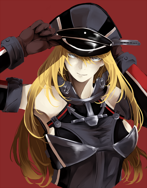 1girl adjusting_clothes adjusting_hat bare_shoulders bismarck_(kantai_collection) blonde_hair blue_eyes bust colored_eyelashes detached_sleeves gloves hat hisaki_(morenabe) kantai_collection long_hair looking_at_viewer military military_hat military_uniform peaked_cap red_background simple_background solo uniform