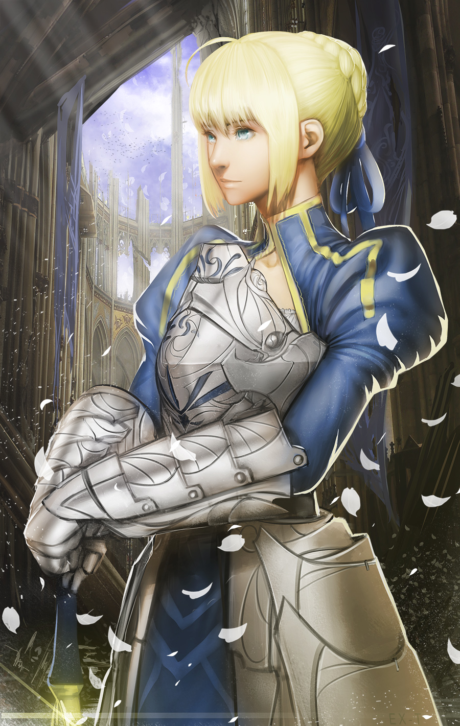 1girl ahoge armor armored_dress blonde_hair blue_eyes dress ex-trident fate/stay_night fate_(series) gauntlets green_eyes highres petals realistic saber solo