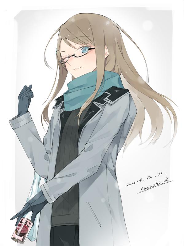 artist_name ayase_arisa black-framed_glasses blue_eyes brown_hair coat dated glasses hayashi_kewi jpeg_artifacts long_hair looking_at_viewer love_live!_school_idol_project one_eye_closed scarf semi-rimless_glasses sweater under-rim_glasses winter_clothes winter_coat