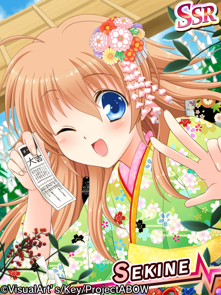 1girl angel_beats! blonde_hair blue_eyes card_(medium) ikeda_jun_(aquaqua) japanese_clothes kimono long_hair one_eye_closed sekine v