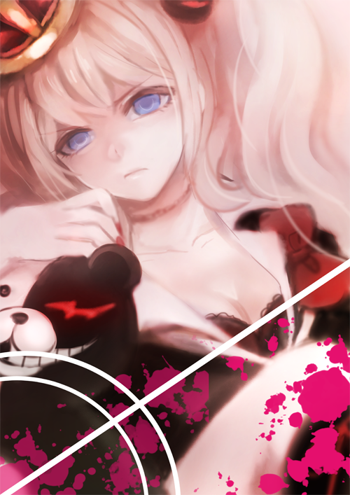 1girl bear blood blood_splatter blue_eyes chiko_(d04099) dangan_ronpa enoshima_junko frown monokuma pink_hair solo spoilers